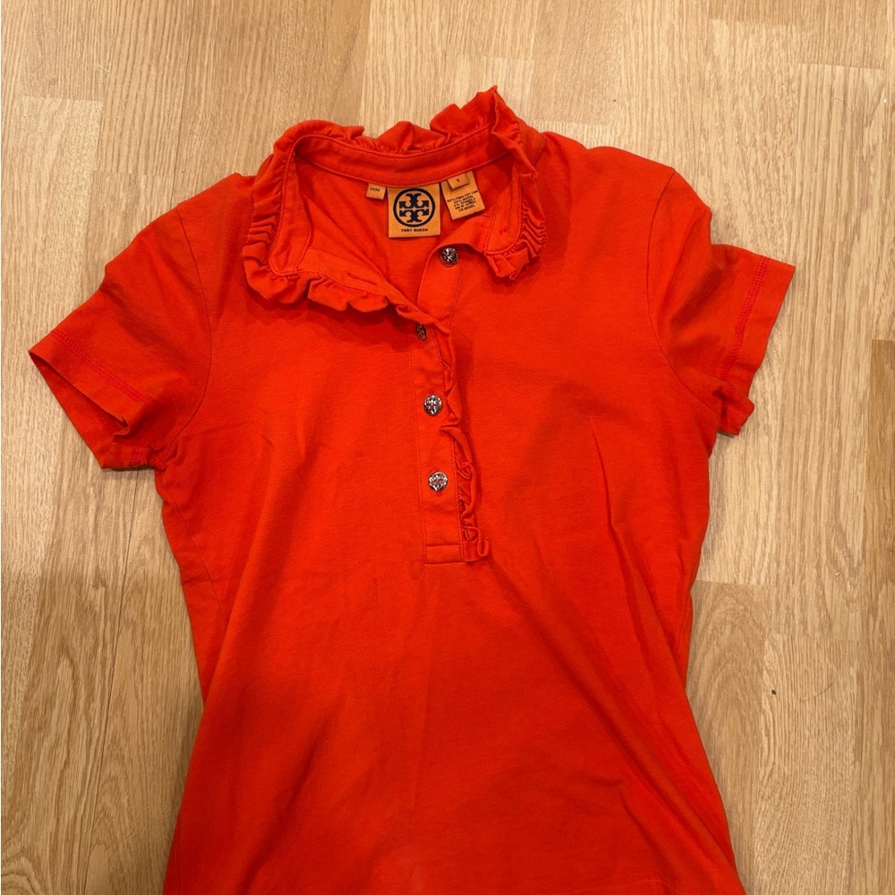 Tory Burch Vibrant Orange Ruffle Collar Shirt